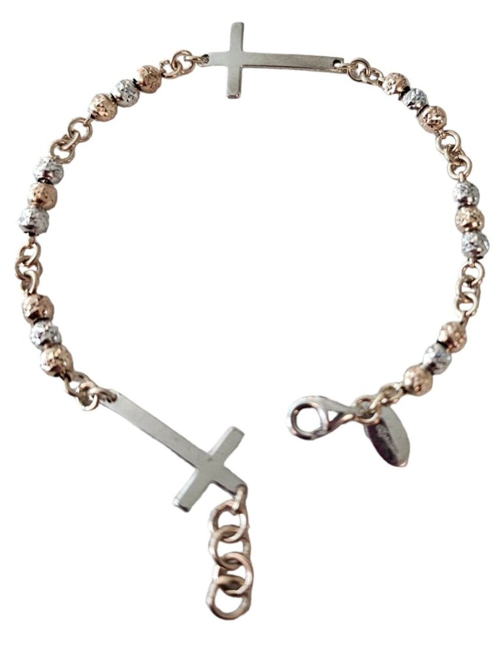 Dyadema Sterling Silver Hammered Bead Cross Charm Bracelet 7.5" L, Signed L111